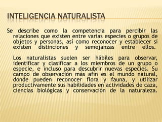 INTELIGENCIA NATURALISTA
Se describe como la competencia para percibir las
  relaciones que existen entre varias especies o grupos de
  objetos y personas, así como reconocer y establecer si
  existen distinciones y semejanzas entre ellos.
  Los naturalistas suelen ser hábiles para observar,
  identificar y clasificar a los miembros de un grupo o
  especie, e incluso para descubrir nuevas especies. Su
  campo de observación más afín es el mundo natural,
  donde pueden reconocer flora y fauna, y utilizar
  productivamente sus habilidades en actividades de caza,
  ciencias biológicas y conservación de la naturaleza.
 