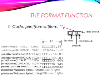 THE FORMAT FUNCTION
 Code: print(format(item, ‘ ’)
 
 
 