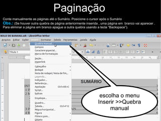 Paginação
Conte manualmente as páginas até o Sumário. Posicione o cursor após o Sumário
Obs.: (Se houver outra quebra de página anteriormente inserida , uma página em branco vai aparecer .
Para eliminar a página em branco apague a outra quebra usando a tecla “Backspace”).
escolha o menu
Inserir >>Quebra
manual
 