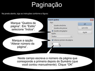 Paginação
Na janela aberta, siga as instruções conforme a figura:
Marque a opção
“Alterar número da
página”.
Neste campo escreva o número da página que
corresponde a primeira depois do Sumário (que
você contou manualmente). Clique “OK”
Marque “Quebra de
página”. Em “Estilo”
selecione “Índice”.
 