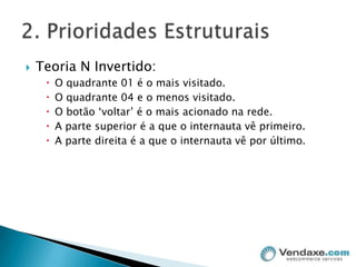 Teoria N Invertido:O quadrante 01 é o mais visitado.O quadrante 04 e o menos visitado.O botão ‘voltar’ é o mais acionado na rede.A parte superior é a que o internauta vê primeiro.A parte direita é a que o internauta vê por último.2. Prioridades Estruturais