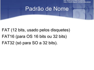 Padrão de Nome

FAT (12 bits, usado pelos disquetes)
FAT16 (para OS 16 bits ou 32 bits)
FAT32 (só para SO a 32 bits).

 