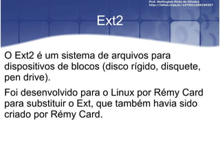Ext2
O Ext2 é um sistema de arquivos para
dispositivos de blocos (disco rígido, disquete,
pen drive).
Foi desenvolvido para o Linux por Rémy Card
para substituir o Ext, que também havia sido
criado por Rémy Card.

 