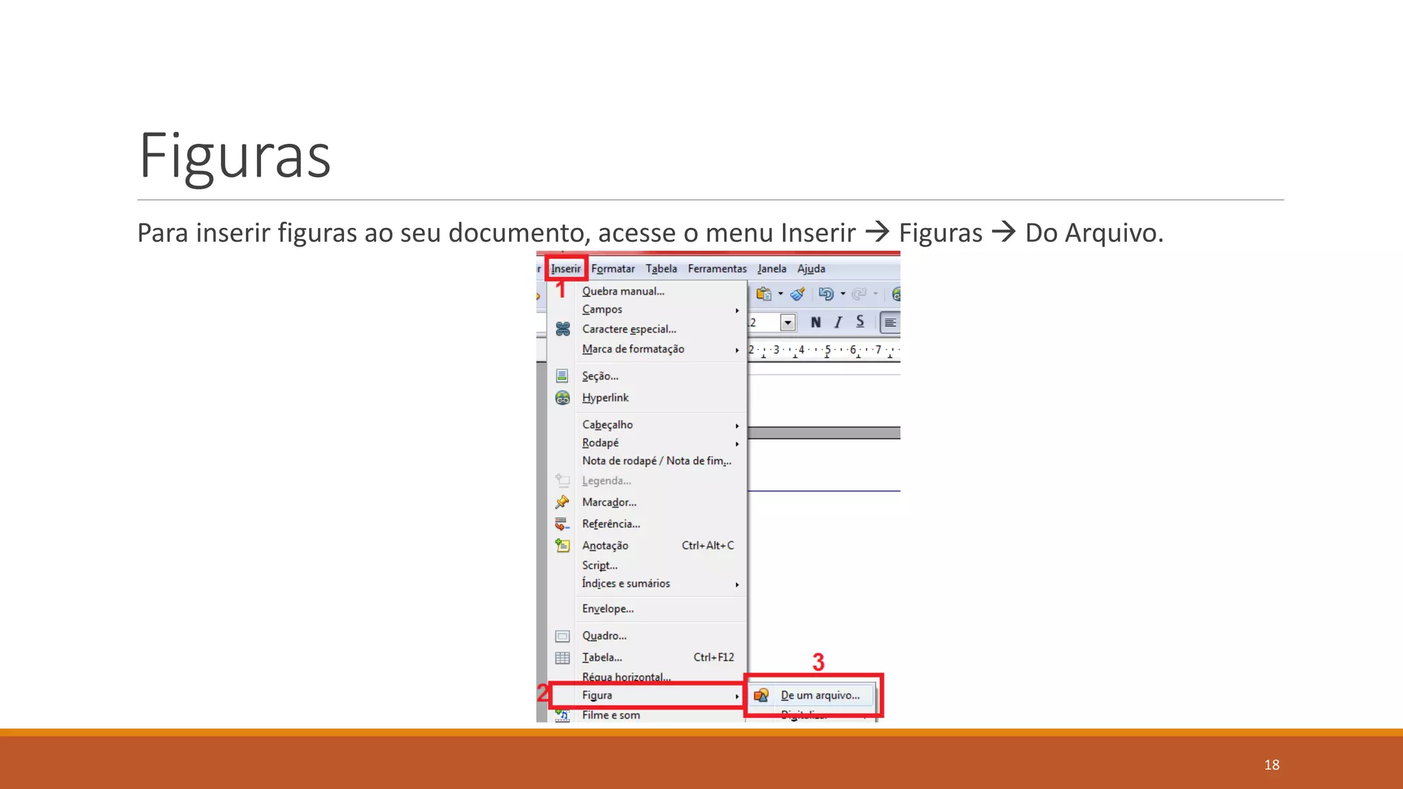 Figuras
Para inserir figuras ao seu documento, acesse o menu Inserir  Figuras  Do Arquivo.

18

 