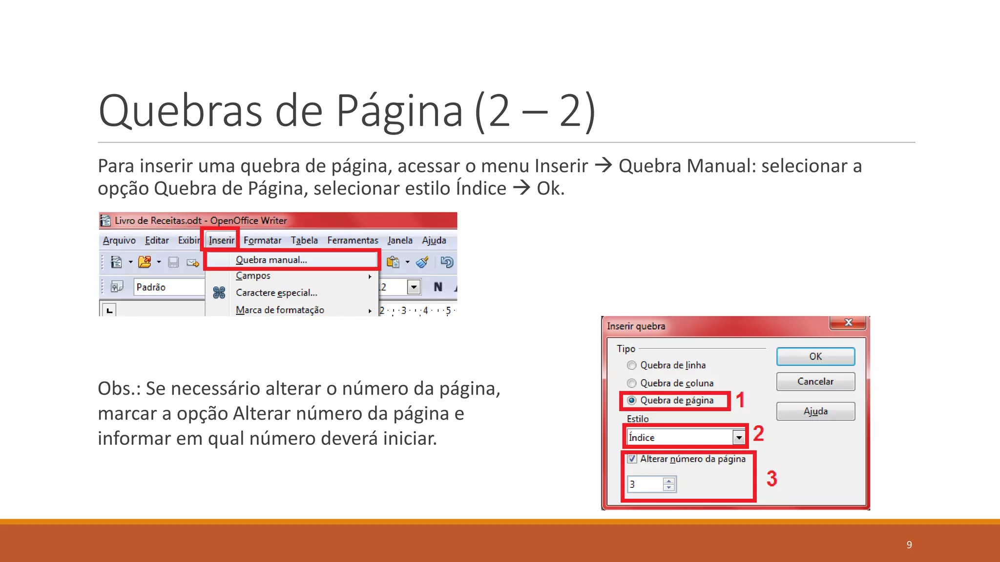 Quebras de Página (2 – 2)
Para inserir uma quebra de página, acessar o menu Inserir  Quebra Manual: selecionar a
opção Quebra de Página, selecionar estilo Índice  Ok.

Obs.: Se necessário alterar o número da página,
marcar a opção Alterar número da página e
informar em qual número deverá iniciar.

9

 