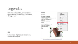 Legendas
Para inserir legendas, clique sobre o
objeto e nas opções do botão direito
 Legenda.

OU
Selecione o objeto e acesse o menu
Inserir  Legendas.

20

 