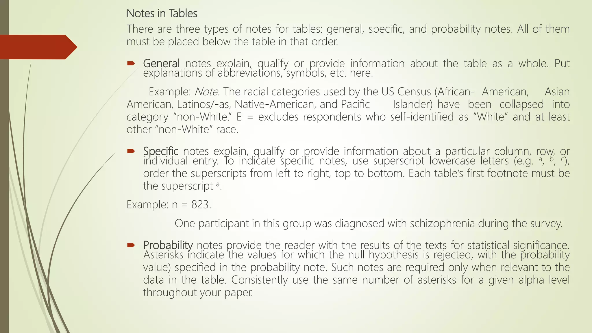 Notes in Tables
There are three types of notes for tables: general, specific, and probability notes. All of them
must be placed below the table in that order.
 General notes explain, qualify or provide information about the table as a whole. Put
explanations of abbreviations, symbols, etc. here.
Example: Note. The racial categories used by the US Census (African- American, Asian
American, Latinos/-as, Native-American, and Pacific Islander) have been collapsed into
category “non-White.” E = excludes respondents who self-identified as “White” and at least
other “non-White” race.
 Specific notes explain, qualify or provide information about a particular column, row, or
individual entry. To indicate specific notes, use superscript lowercase letters (e.g. a, b, c),
order the superscripts from left to right, top to bottom. Each table’s first footnote must be
the superscript a.
Example: n = 823.
One participant in this group was diagnosed with schizophrenia during the survey.
 Probability notes provide the reader with the results of the texts for statistical significance.
Asterisks indicate the values for which the null hypothesis is rejected, with the probability
value) specified in the probability note. Such notes are required only when relevant to the
data in the table. Consistently use the same number of asterisks for a given alpha level
throughout your paper.
 