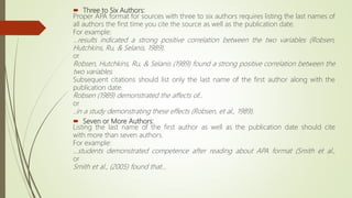  Three to Six Authors:
Proper APA format for sources with three to six authors requires listing the last names of
all authors the first time you cite the source as well as the publication date.
For example:
...results indicated a strong positive correlation between the two variables (Robsen,
Hutchkins, Ru, & Selanis, 1989).
or
Robsen, Hutchkins, Ru, & Selanis (1989) found a strong positive correlation between the
two variables.
Subsequent citations should list only the last name of the first author along with the
publication date.
Robsen (1989) demonstrated the affects of...
or
..in a study demonstrating these effects (Robsen, et al., 1989).
 Seven or More Authors:
Listing the last name of the first author as well as the publication date should cite
with more than seven authors.
For example:
...students demonstrated competence after reading about APA format (Smith et al.,
or
Smith et al., (2005) found that...
 