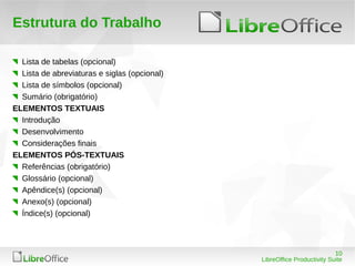 10
LibreOffice Productivity Suite
Estrutura do Trabalho
Lista de tabelas (opcional)
Lista de abreviaturas e siglas (opcional)
Lista de símbolos (opcional)
Sumário (obrigatório)
ELEMENTOS TEXTUAIS
Introdução
Desenvolvimento
Considerações finais
ELEMENTOS PÓS-TEXTUAIS
Referências (obrigatório)
Glossário (opcional)
Apêndice(s) (opcional)
Anexo(s) (opcional)
Índice(s) (opcional)
 
