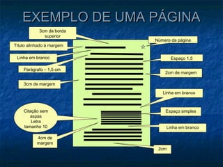 EXEMPLO DE UMA PÁGINA
            3cm da borda
              superior
                           Número da página
Título alinhado à margem

 Linha em branco                  Espaço 1,5

    Parágrafo – 1,5 cm
                               2cm de margem

    3cm de margem

                              Linha em branco



    Citação sem                Espaço simples
       aspas
        Letra
    tamanho 10                  Linha em branco

           4cm de
           margem
                            2cm
 
