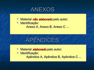 ANEXOS
   Material não elaborado pelo autor;
   Identificação:
        Anexo A, Anexo B, Anexo C ...



       APÊNDICES
   Material elaborado pelo autor;
   Identificação:
        Apêndice A, Apêndice B, Apêndice C ...
 