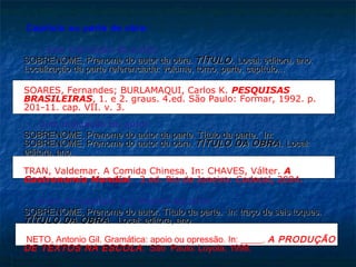 Capítulo ou parte de obra:

   - sem indicação do autor:
SOBRENOME, Prenome do autor da obra. TÍTULO. Local: editora, ano.
Localização da parte referenciada: volume, tomo, parte, capítulo...

SOARES, Fernandes; BURLAMAQUI, Carlos K. PESQUISAS
BRASILEIRAS, 1. e 2. graus. 4.ed. São Paulo: Formar, 1992. p.
201-11. cap. VII. v. 3.
  - com indicação do autor:
SOBRENOME, Prenome do autor da parte. Título da parte. In:
SOBRENOME, Prenome do autor da obra. TÍTULO DA OBRA. Local:
editora, ano.

TRAN, Valdemar. A Comida Chinesa. In: CHAVES, Válter. A
Gastronomia Mundial. 3.ed. Rio de Janeiro: Codecal, 2004.

 - autor do capítulo é o mesmo da obra:
SOBRENOME, Prenome do autor. Título da parte. In: traço de seis toques.
TÍTULO DA OBRA. Local: editora, ano.

NETO, Antonio Gil. Gramática: apoio ou opressão. In: _____. A PRODUÇÃO
DE TEXTOS NA ESCOLA . São Paulo: Loyola, 1998.
 