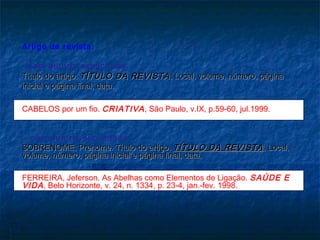 Artigo de revista:

- sem autoria explicitada:
Título do artigo. TÍTULO DA REVISTA , Local, volume, número, página
inicial e página final, data.

CABELOS por um fio. CRIATIVA , São Paulo, v.IX, p.59-60, jul.1999.


 - com autoria explicitada:
SOBRENOME, Prenome. Título do artigo. TÍTULO DA REVISTA , Local,
volume, número, página inicial e página final, data.

FERREIRA, Jeferson. As Abelhas como Elementos de Ligação. SAÚDE E
VIDA , Belo Horizonte, v. 24, n. 1334, p. 23-4, jan.-fev. 1998.
 