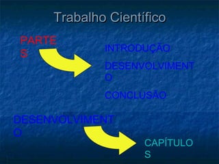 Trabalho Científico
PARTE
             INTRODUÇÃO
S
             DESENVOLVIMENT
             O
             CONCLUSÃO

DESENVOLVIMENT
O
                    CAPÍTULO
                    S
 