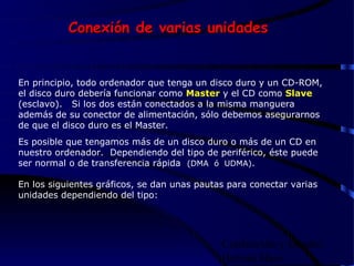 Conexión de varias unidades


En principio, todo ordenador que tenga un disco duro y un CD-ROM,
el disco duro debería funcionar como Master y el CD como Slave
(esclavo). Si los dos están conectados a la misma manguera
además de su conector de alimentación, sólo debemos asegurarnos
de que el disco duro es el Master.
Es posible que tengamos más de un disco duro o más de un CD en
nuestro ordenador. Dependiendo del tipo de periférico, éste puede
ser normal o de transferencia rápida (DMA ó UDMA).

En los siguientes gráficos, se dan unas pautas para conectar varias
unidades dependiendo del tipo:




                                             Confección y Diseño:
                                             Hernán Haro
 