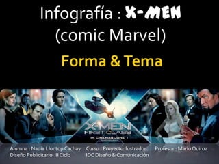 Infografía : X-MEN
(comic Marvel)
Alumna : Nadia Llontop Cachay Curso : Proyecto Ilustrador Profesor : Mario Quiroz
Diseño Publicitario III Ciclo IDC Diseño & Comunicación
 