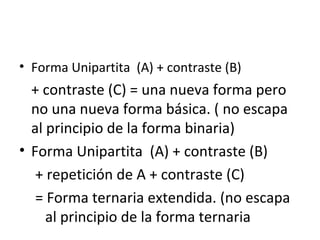 • Forma Unipartita (A) + contraste (B)
+ contraste (C) = una nueva forma pero
no una nueva forma básica. ( no escapa
al principio de la forma binaria)
• Forma Unipartita (A) + contraste (B)
+ repetición de A + contraste (C)
= Forma ternaria extendida. (no escapa
al principio de la forma ternaria
 
