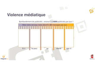 Mais notre cerveau reste attentif à 52 messages par jour.
Bombardement de publicités : environ 3 à 4000 publicités par jour !
Et il ne peut en retenir que 4 !
Violence médiatique
 