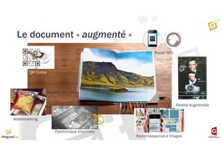 Le document « augmenté »
QR Codes
Watermarking
Électronique imprimée
Reconnaissance d’images
Puces NFC
Réalité Augmentée
 