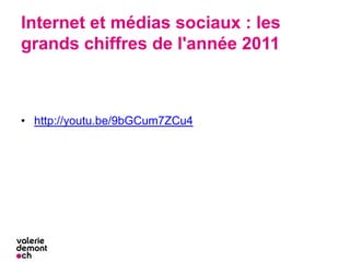 Internet et médias sociaux : les
grands chiffres de l'année 2011



• http://youtu.be/9bGCum7ZCu4
 