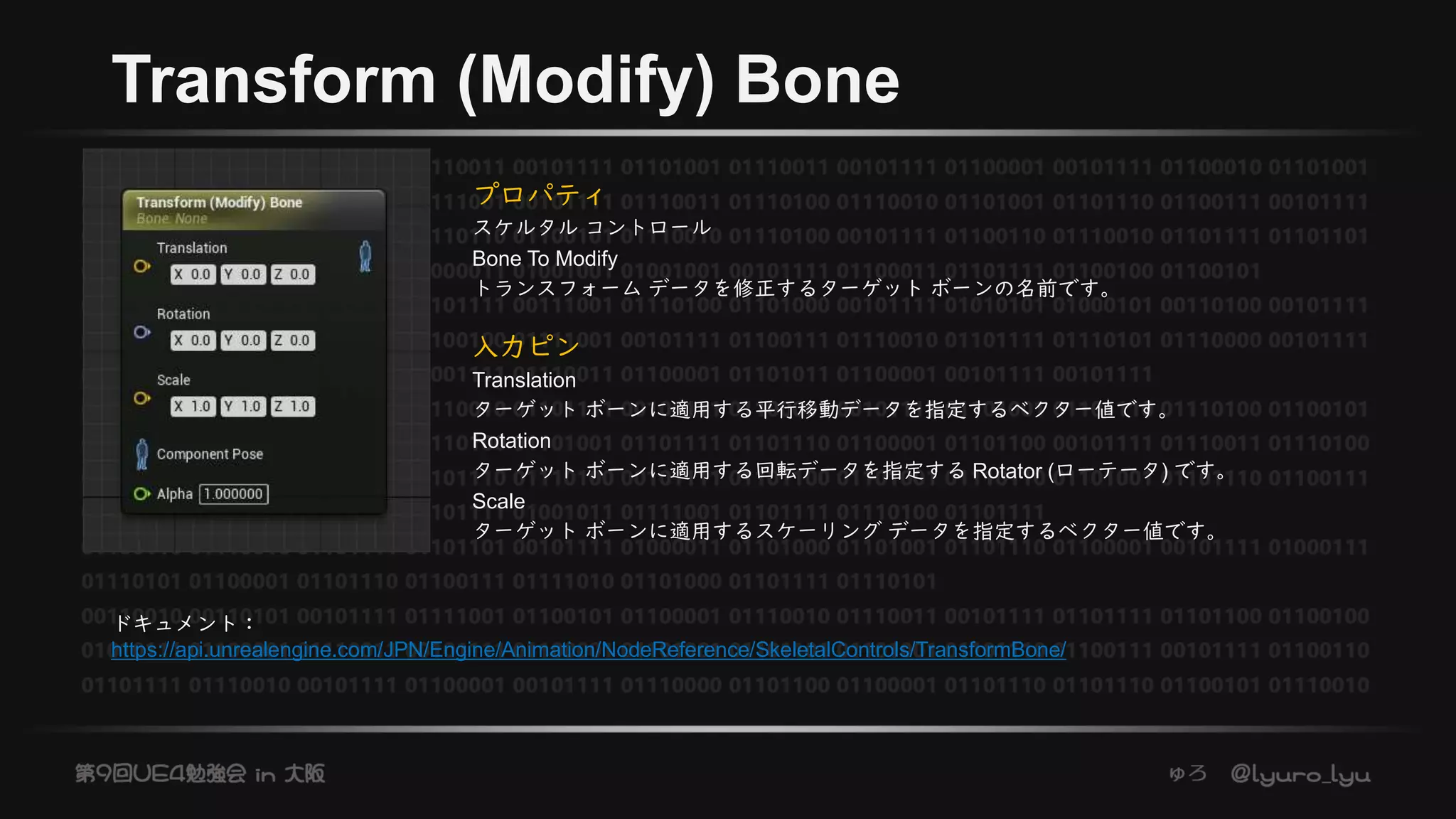 Transform (Modify) Bone
プロパティ
スケルタル コントロール
Bone To Modify
トランスフォーム データを修正するターゲット ボーンの名前です。
入力ピン
Translation
ターゲット ボーンに適用する平行移動データを指定するベクター値です。
Rotation
ターゲット ボーンに適用する回転データを指定する Rotator (ローテータ) です。
Scale
ターゲット ボーンに適用するスケーリング データを指定するベクター値です。
ドキュメント：
https://api.unrealengine.com/JPN/Engine/Animation/NodeReference/SkeletalControls/TransformBone/
 