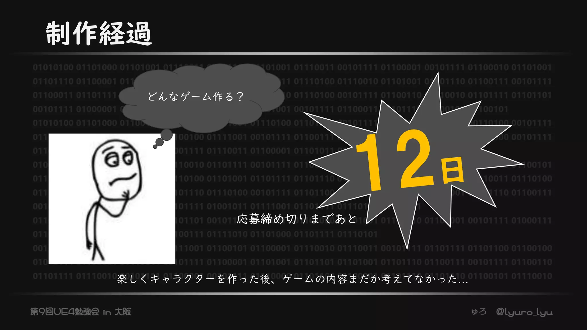 制作経過
どんなゲーム作る？
応募締め切りまであと
楽しくキャラクターを作った後、ゲームの内容まだか考えてなかった…
 