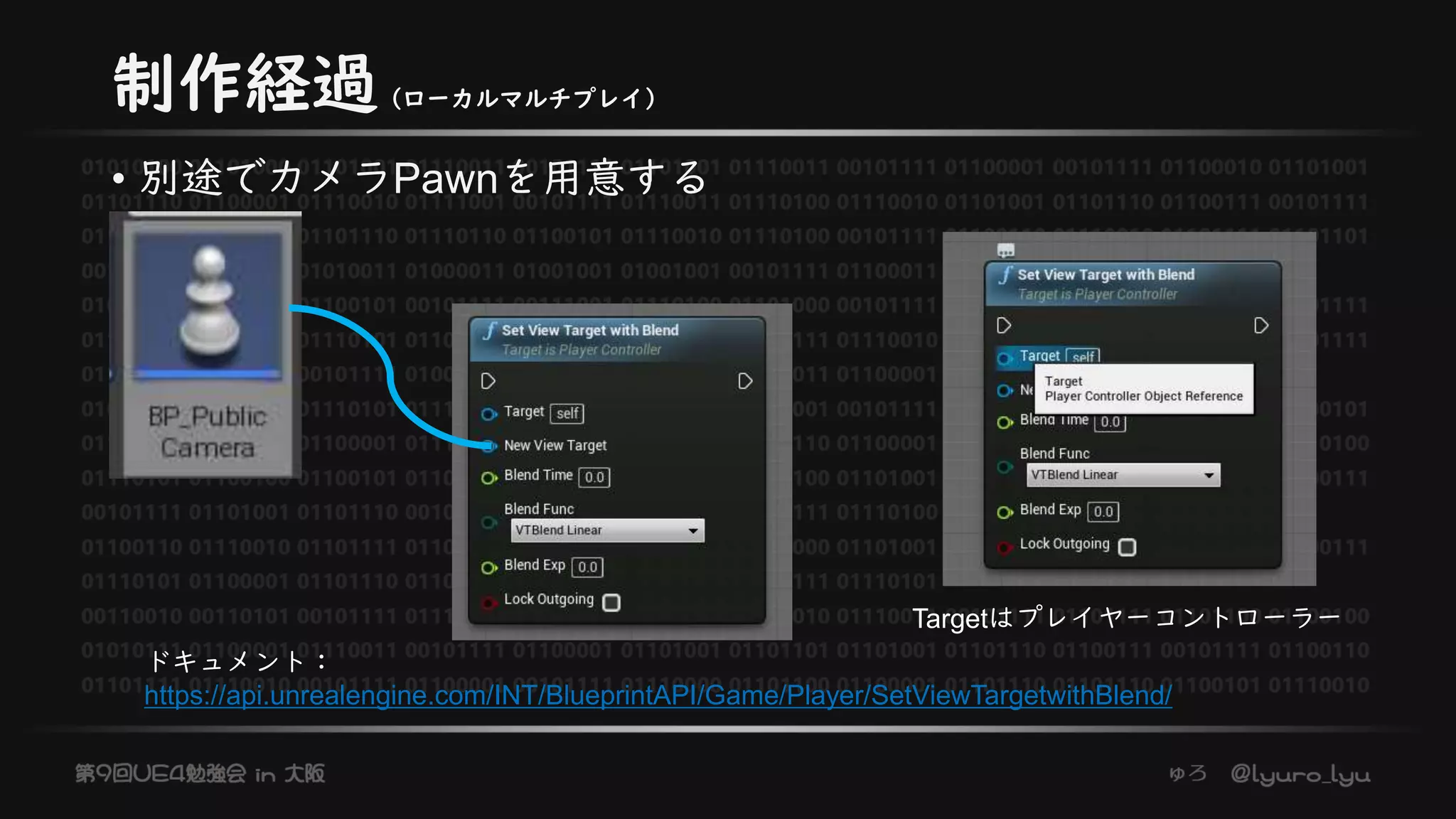制作経過（ローカルマルチプレイ）
• 別途でカメラPawnを用意する
ドキュメント：
https://api.unrealengine.com/INT/BlueprintAPI/Game/Player/SetViewTargetwithBlend/
Targetはプレイヤーコントローラー
 