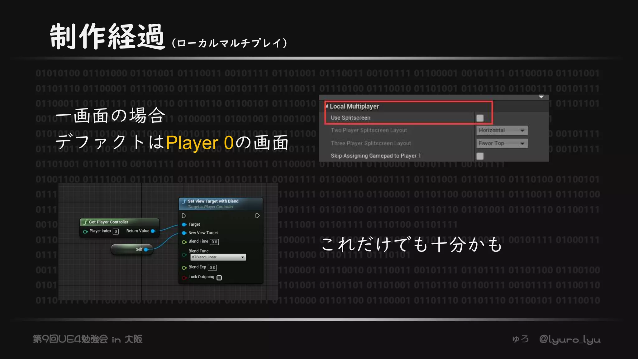 制作経過（ローカルマルチプレイ）
一画面の場合
デファクトはPlayer 0の画面
これだけでも十分かも
 