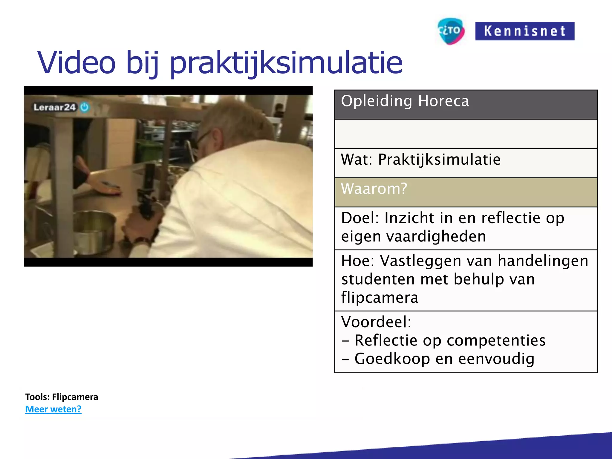 Onderzoek bij computersimulatiesLeerprestaties hangen samen met mate van activiteit en planningsvermogen van studentenComputersimulaties moeten echt betekenisvol en aantrekkelijk zijn; veel studenten vinden praktijkopdrachten nuttiger en leukerMotivatie van studenten kan bij teveel gebruik van computersimulatie teruglopenhttp://onderzoek.kennisnet.nl/naar-de-onderzoeken/mbo27-2-2011