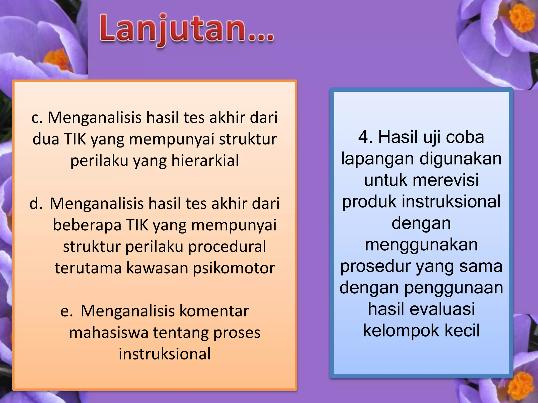 c. Menganalisis hasil tes akhir dari
dua TIK yang mempunyai struktur          4. Hasil uji coba
     perilaku yang hierarkial          lapangan digunakan
                                          untuk merevisi
d. Menganalisis hasil tes akhir dari   produk instruksional
   beberapa TIK yang mempunyai                dengan
    struktur perilaku procedural          menggunakan
   terutama kawasan psikomotor         prosedur yang sama
                                       dengan penggunaan
    e. Menganalisis komentar               hasil evaluasi
     mahasiswa tentang proses             kelompok kecil
           instruksional
                                                          14
 