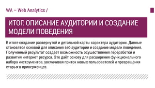В итоге создание развернутой и детальной карты характера аудитории. Данные
становятся основой для описания веб аудитории и создание модели поведения.
Полученный результат создает возможность осуществления переработки и
развития интернет ресурса. Это даёт основу для расширения функционального
набора инструментов, увеличивая приток новых пользователей и превращения
старых в приверженцев.
WA – Web Analytics /
ИТОГ: ОПИСАНИЕ АУДИТОРИИ И СОЗДАНИЕ
МОДЕЛИ ПОВЕДЕНИЯ
 
