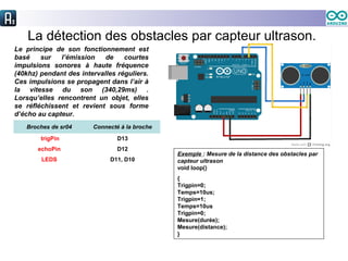 La détection des obstacles par capteur ultrason.
Le principe de son fonctionnement est
basé sur l’émission de courtes
impulsions sonores à haute fréquence
(40khz) pendant des intervalles réguliers.
Ces impulsions se propagent dans l’air à
la vitesse du son (340,29ms) .
Lorsqu’elles rencontrent un objet, elles
se réfléchissent et revient sous forme
d’écho au capteur.
Exemple : Mesure de la distance des obstacles par
capteur ultrason
void loop()
{
Trigpin=0;
Temps=10us;
Trigpin=1;
Temps=10us
Trigpin=0;
Mesure(durée);
Mesure(distance);
}
Broches de sr04 Connecté à la broche
trigPin D13
echoPin D12
LEDS D11, D10
 
