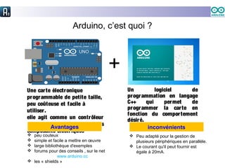 Arduino, c’est quoi ?
Une carte électronique
programmable de petite taille,
peu coûteuse et facile à
utiliser.
elle agit comme un contrôleur
et un lien entre divers
composants électriques
+
Un logiciel de
programmation en langage
C++ qui permet de
programmer la carte en
fonction du comportement
désiré.
Avantages
 peu couteux
 simple et facile a mettre en œuvre
 large bibliothèque d'exemples
 forums pour des conseils , sur le net
www.arduino.cc
 les « shields »
inconvénients
 Peu adapté pour la gestion de
plusieurs périphériques en parallèle.
 Le courant qu'il peut fournir est
égale à 20mA.
 