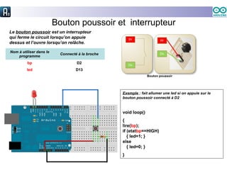 Bouton poussoir et interrupteur
Le bouton poussoir est un interrupteur
qui ferme le circuit lorsqu’on appuie
dessus et l’ouvre lorsqu’on relâche.
Nom à utiliser dans le
programme
Connecté à la broche
bp D2
led D13
Exemple : fait allumer une led si on appuie sur le
bouton poussoir connecté à D2
void loop()
{
lire(bp);
if (etatbp==HIGH)
{ led=1; }
else
{ led=0; }
}
Bouton poussoir
 