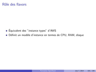 guration par service 
api-paste.ini contient des parametres concernant le service API 
Formation OpenStack July 7, 2014 82 / 194 
 