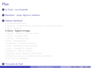 Pourquoi l'utilisation de SQLAlchemy 
Support de multiples BDD 
Gestion des migrations 
Formation OpenStack July 7, 2014 87 / 194 
 