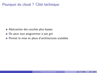 Le cloud en un schema 
Formation OpenStack July 7, 2014 12 / 194 
 