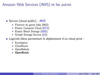 Solutions de PaaS prive 
Cloud Foundry 
OpenShift (Red Hat) 
Solum 
Formation OpenStack July 7, 2014 18 / 194 
 