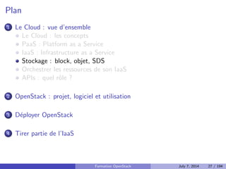 nition ephemere 
Elle doit ^etre utilisee comme ressource de calcul 
Une image se personnalise lors de son instanciation gr^ace a l'API de 
metadata 
Separer les donnees des instances 
Choix du type de stockage : ephemere, volume, objet 
Formation OpenStack July 7, 2014 24 / 194 
 