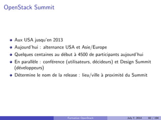 Les projets dans Icehouse 
Greater OpenStack Ecosystem : Icehouse Release (April 2014) 
Integrated Release 
Incubated Projects 
Bare Metal 
Messaging 
Data Processing 
New 
New 
Supporting Programs 
Compute 
Object Storage 
Block Storage 
Networking 
Dashboard 
Image Service 
Identity Service 
Telemetry 
Orchestration 
Database Service 
New 
Infrastructure | Docs | Common Libraries | QA | Release Mgmt 
Formation OpenStack July 7, 2014 50 / 194 
 