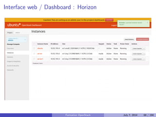 Ou trouver des informations sur le developpement 
d'OpenStack 
Principalement sur le wiki : https://wiki.openstack.org 
Les blueprints et bugs sur Launchpad : 
https://launchpad.net/openstack 
Les patchs proposes et leurs reviews sont sur Gerrit : 
https://review.openstack.org 
Le code est disponible dans Git : https://git.openstack.org 
Les sources (tarballs) sont disponibles : 
http://tarballs.openstack.org/ 
Formation OpenStack July 7, 2014 58 / 194 
 