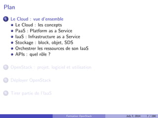 chiers 
Notions de virtualisation, KVM et libvirt 
Peut servir : 
I A 
l'aise dans un environnement Python 
Formation OpenStack July 7, 2014 5 / 194 
 