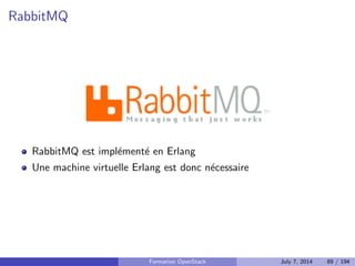 Plan 
1 Le Cloud : vue d'ensemble 
2 OpenStack : projet, logiciel et utilisation 
Presentation du projet et du logiciel 
DevStack : faire tourner rapidement un OpenStack 
Utiliser OpenStack 
3 Deployer OpenStack 
4 Tirer partie de l'IaaS 
Formation OpenStack July 7, 2014 75 / 194 
 