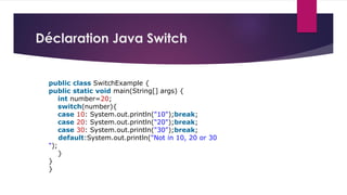 Déclaration Java Switch
public class SwitchExample {
public static void main(String[] args) {
int number=20;
switch(number){
case 10: System.out.println("10");break;
case 20: System.out.println("20");break;
case 30: System.out.println("30");break;
default:System.out.println("Not in 10, 20 or 30
");
}
}
}
 