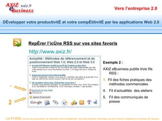Vers l’entreprise 2.0


Développer votre productivité et votre compétitivité par les applications Web 2.0




                       Repérer l’icône RSS sur vos sites favoris
                       http://www.axiz.fr/
                                                                                                 Exemple 2 :
                                                                                                 AXIZ eBusiness publie trois fils
                                                                                                    RSS :
                                                                                                 1. Fil des fiches pratiques des
                                                                                                    méthodes commerciales
    1                                                                                            4. Fil d’actualités des ateliers
                                                                                                 5. Fil des communiqués de
   2                                                                                                presse



 Le Fil RSS, source de productivité, de réactivité et de compétitivité, vous livre la bonne information au bon moment. Exploitez-le et prenez de l’avance.
 
