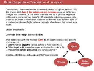 Dans le choix , la mise en œuvre et la construction d'un logiciel, environ 75%
des erreurs sont dues à des exigences mal formulées ou à un cahier des
charges mal construit. Or une erreur commise lors de la phase d'exigences
coûte moins cher à corriger (jusqu'à 100 fois) si elle est décelée durant cette
phase qu'en phase d'exploitation. Spécifier les besoins avec soin est donc un
investissement très rentable, qui peut rapporter plus de cent fois ce qu'il aura
coûté.
Etapes préparatoire
Définition du concept et des objectifs
Trois actions doivent être menées avant de procéder au recueil des besoins
proprement dit :
➢Déterminer les objectifs (à quoi servira le futur système ?)
➢Définir le périmètre (quelles seront les limites du système ?)
➢Analyser les parties prenantes (qui sera concerné ?)
Interdépendantes, ces actions peuvent être parallélisées
Démarche générale d'élaboration d’un logiciel
 