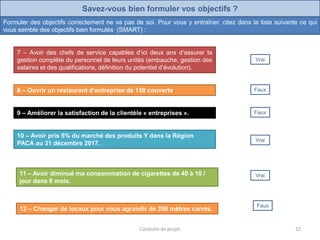 Savez-vous bien formuler vos objectifs ?
Formuler des objectifs correctement ne va pas de soi. Pour vous y entraîner, citez dans la liste suivante ce qui
vous semble des objectifs bien formulés (SMART) :
8 – Ouvrir un restaurant d’entreprise de 150 couverts. Faux
9 – Améliorer la satisfaction de la clientèle « entreprises ». Faux
10 – Avoir pris 5% du marché des produits Y dans la Région
PACA au 31 décembre 2017.
Vrai
11 – Avoir diminué ma consommation de cigarettes de 40 à 10 /
jour dans 6 mois.
Vrai
12 – Changer de locaux pour vous agrandir de 350 mètres carrés.
Faux
7 – Avoir des chefs de service capables d’ici deux ans d’assurer la
gestion complète du personnel de leurs unités (embauche, gestion des
salaires et des qualifications, définition du potentiel d’évolution).
Vrai
22Conduite de projet
 