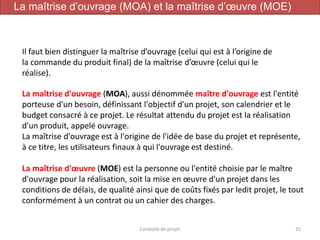 25Conduite de projet
Il faut bien distinguer la maîtrise d’ouvrage (celui qui est à l’origine de
la commande du produit final) de la maîtrise d’œuvre (celui qui le
réalise).
La maîtrise d'ouvrage (MOA), aussi dénommée maître d'ouvrage est l'entité
porteuse d'un besoin, définissant l'objectif d'un projet, son calendrier et le
budget consacré à ce projet. Le résultat attendu du projet est la réalisation
d'un produit, appelé ouvrage.
La maîtrise d'ouvrage est à l'origine de l'idée de base du projet et représente,
à ce titre, les utilisateurs finaux à qui l'ouvrage est destiné.
La maîtrise d'œuvre (MOE) est la personne ou l'entité choisie par le maître
d'ouvrage pour la réalisation, soit la mise en œuvre d'un projet dans les
conditions de délais, de qualité ainsi que de coûts fixés par ledit projet, le tout
conformément à un contrat ou un cahier des charges.
La maîtrise d’ouvrage (MOA) et la maîtrise d’œuvre (MOE)
 