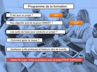 Programme de la formation
C’est quoi un projet ?
Atelier fil rouge : mise en pratique avec le projet PROF EXPRESS
Nos objectifs sont-ils toujours SMART ?
Les outils de base pour conduire un projet ?
5
Quiz
Quiz
Quelques outils pratiques et facteurs clés de succès
Comment gérer le risque ?
 