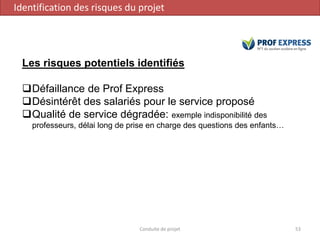 Conduite de projet 53
Les risques potentiels identifiés
❑Défaillance de Prof Express
❑Désintérêt des salariés pour le service proposé
❑Qualité de service dégradée: exemple indisponibilité des
professeurs, délai long de prise en charge des questions des enfants…
Identification des risques du projet
 